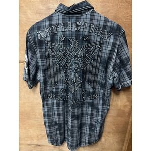 Affliction Black Premium Buckle Shirt Mens Medium Grey Plaid Embroidered Eagle